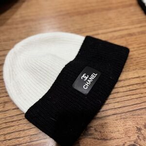 Chanel Two Tone Knit Beanie with Logo Patch